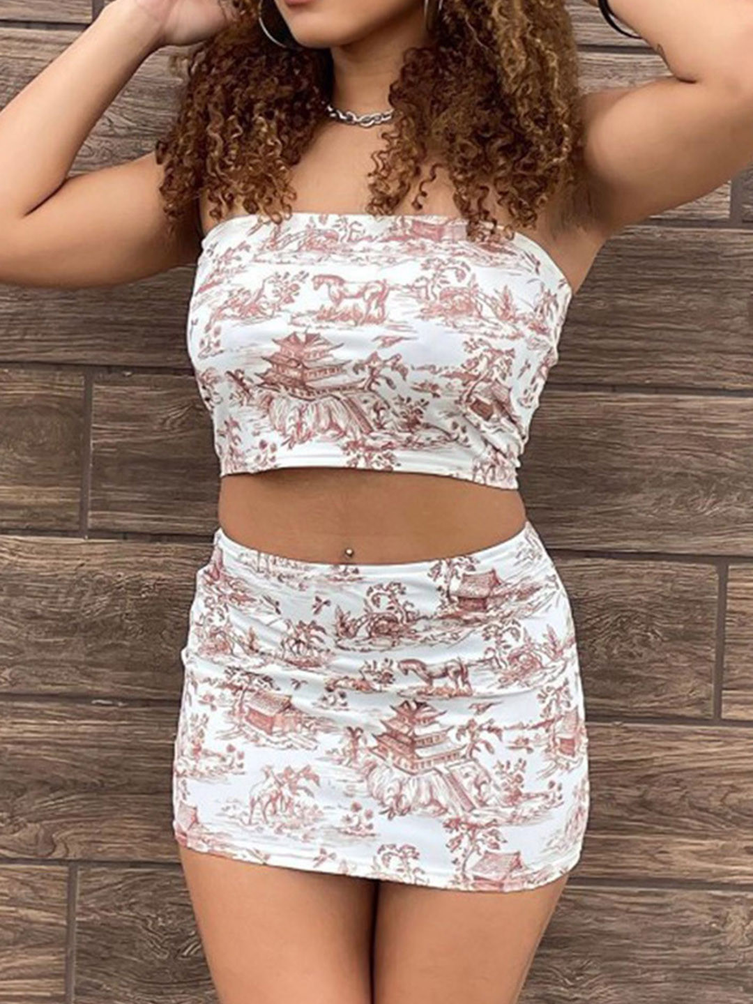 LULU & SKY Brown Jouy Printed Strapless Top With Mini Skirt