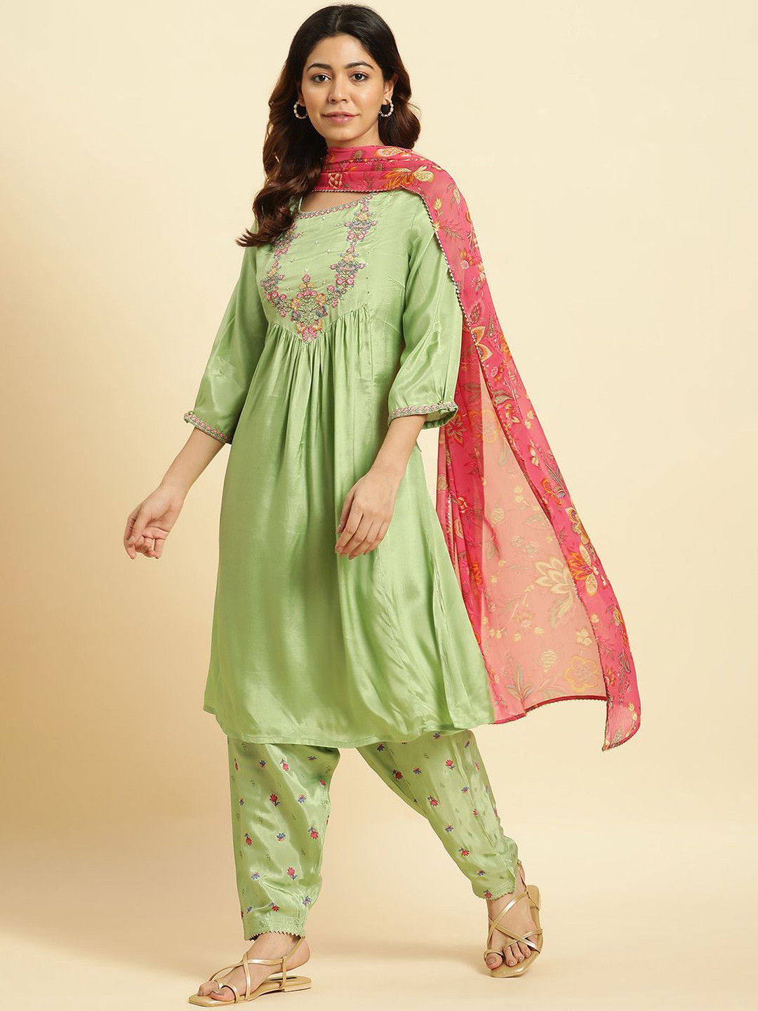 W Floral Yoke Design Empire Thread Work A-Line Kurta With Salwar & Dupatta