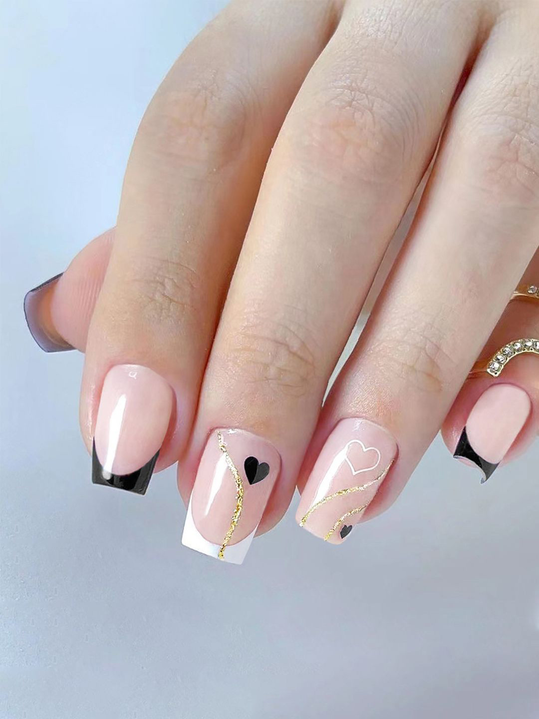 Secret Lives 24-Pcs Glossy Heart & Glitter Strips Designer Nail Art - Light Pink & Black