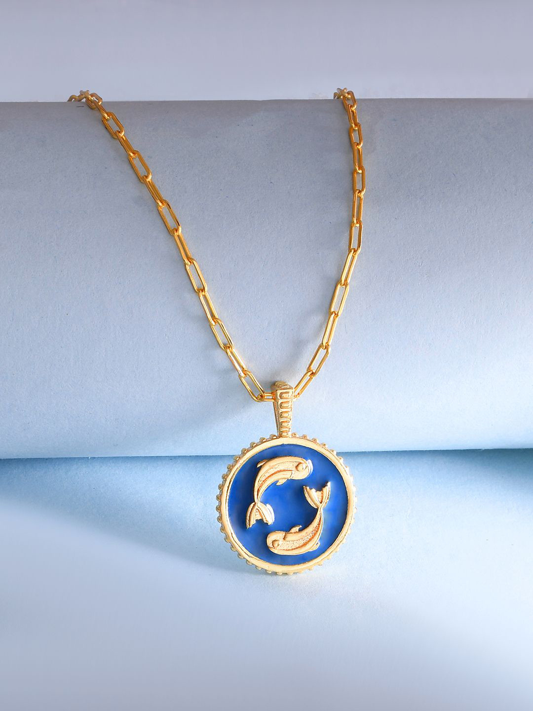 Voylla Gold-Plated Zodiac Pisces And Evil Eye Reversible Pendant with Chain