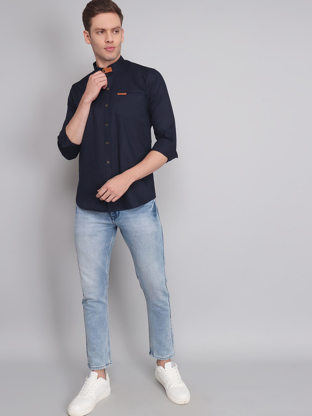 TRYBUY.IN Men Band Collar Solid Cotton Semiformal Shirt