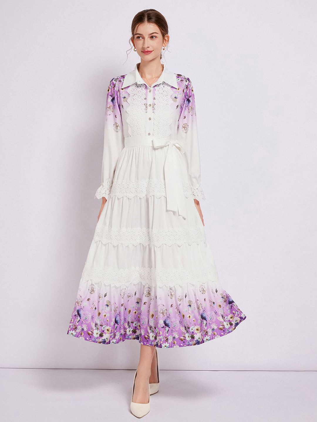 JC Collection  Shirt Collar Lace Midi Dress