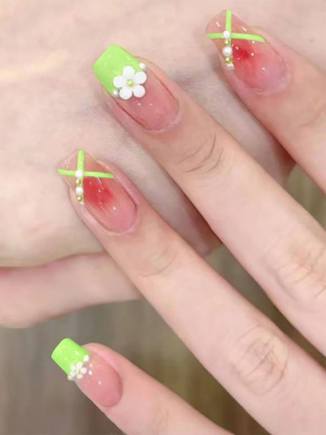 Secret Lives 24-Pcs Glossy with 3D Flower and Pearls Nail Art - Translucent Pink & Green