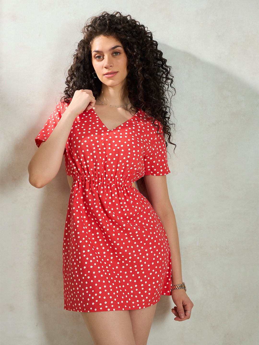 Virgio Linen Polka Print Side Cut Mini Dress