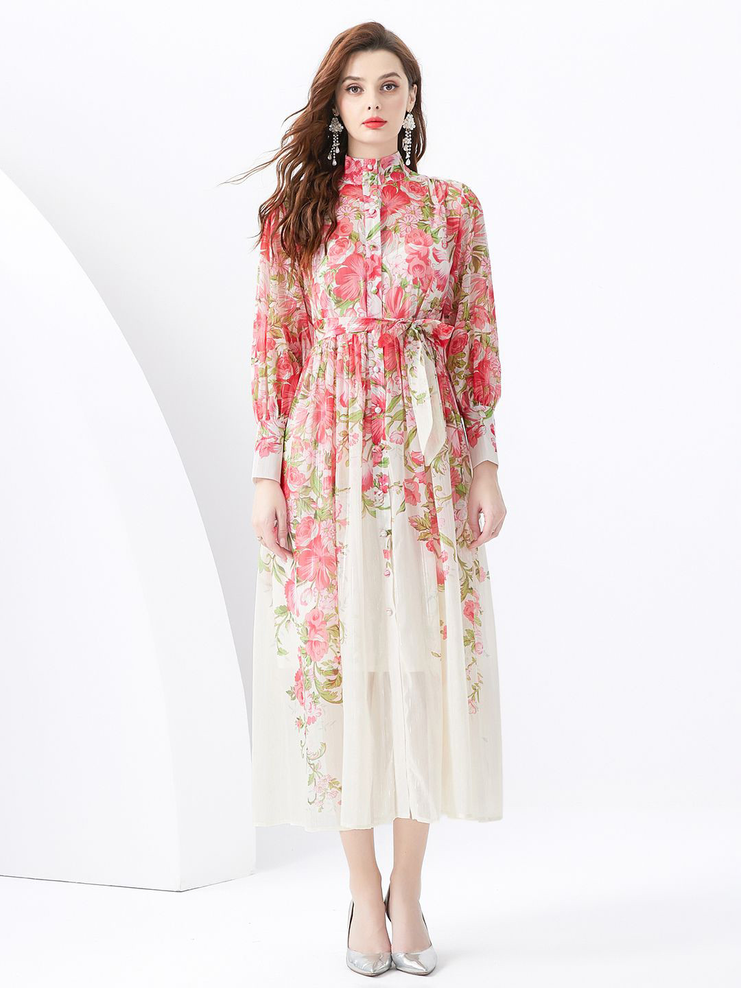 JC Collection Floral Printed Mock Neck Cuffed Sleeves Fit & Flare Midi Dress