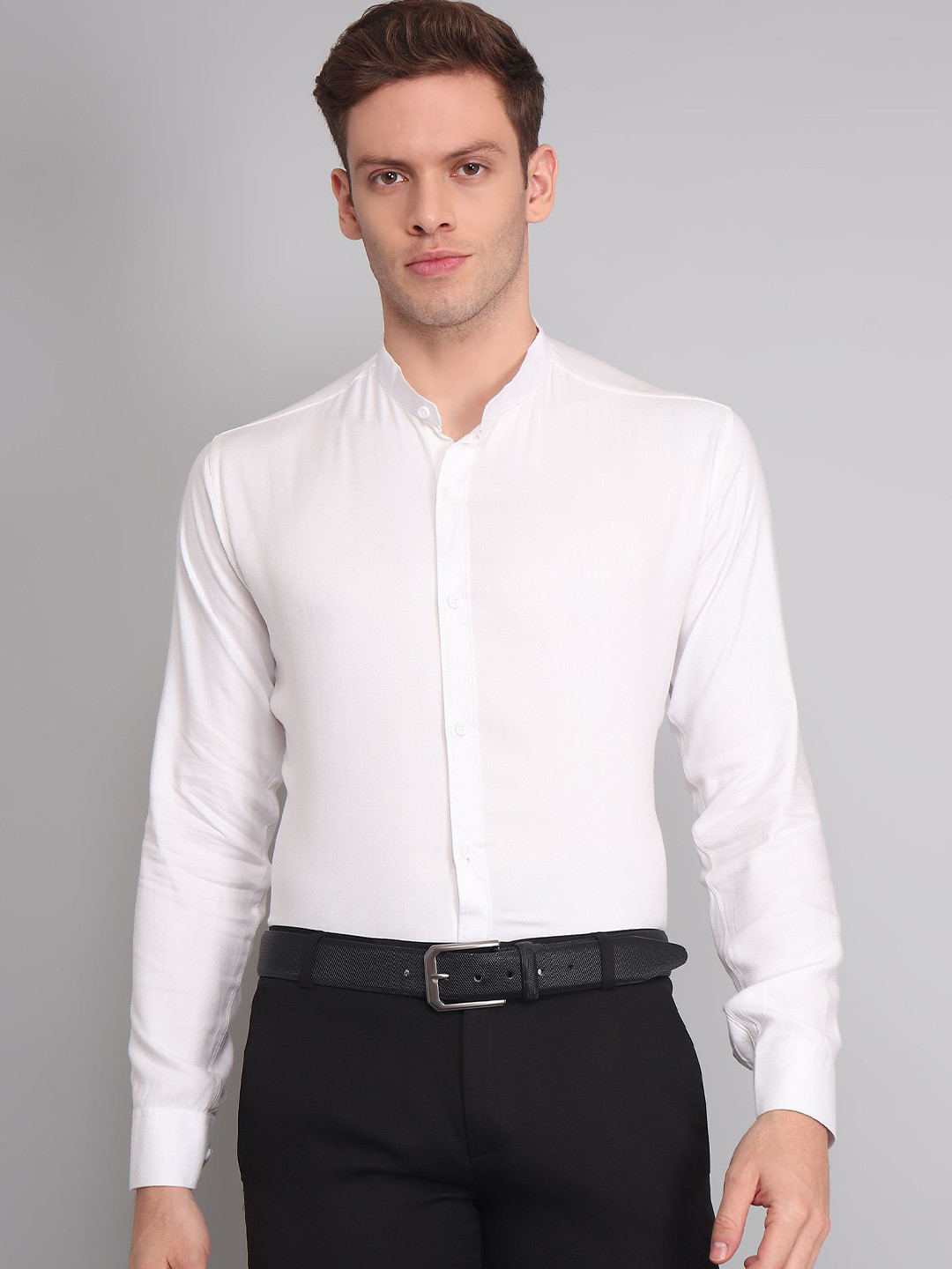 TRYBUY.IN Men Band Collar Micro Ditsy Solid Cotton Semiformal Shirt