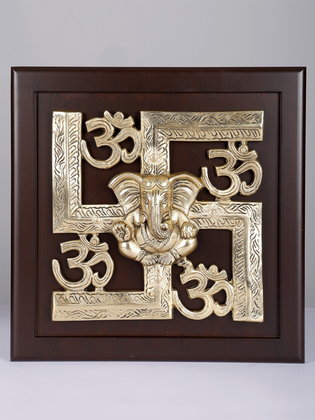 Exotic India Framed Swastik Om Brass Ethnic Motifs Glossy Spiritual Wall Decor-12.5In