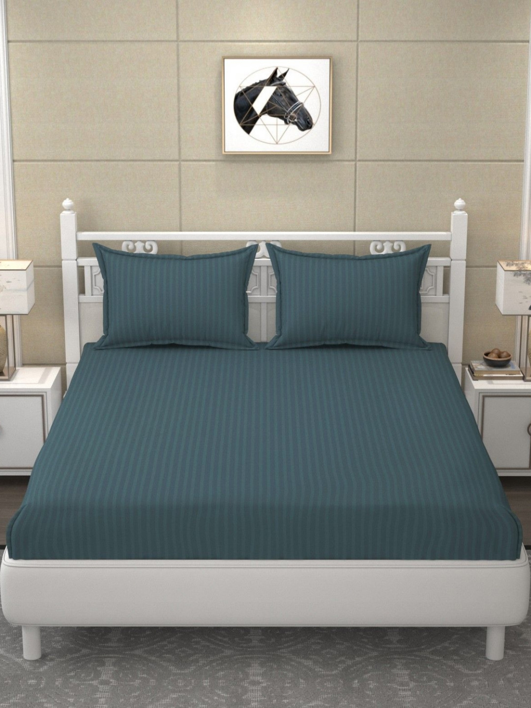 RIDHAAN Teal Satin Striped 210 TC King Bedsheet with 2 Pillow Covers