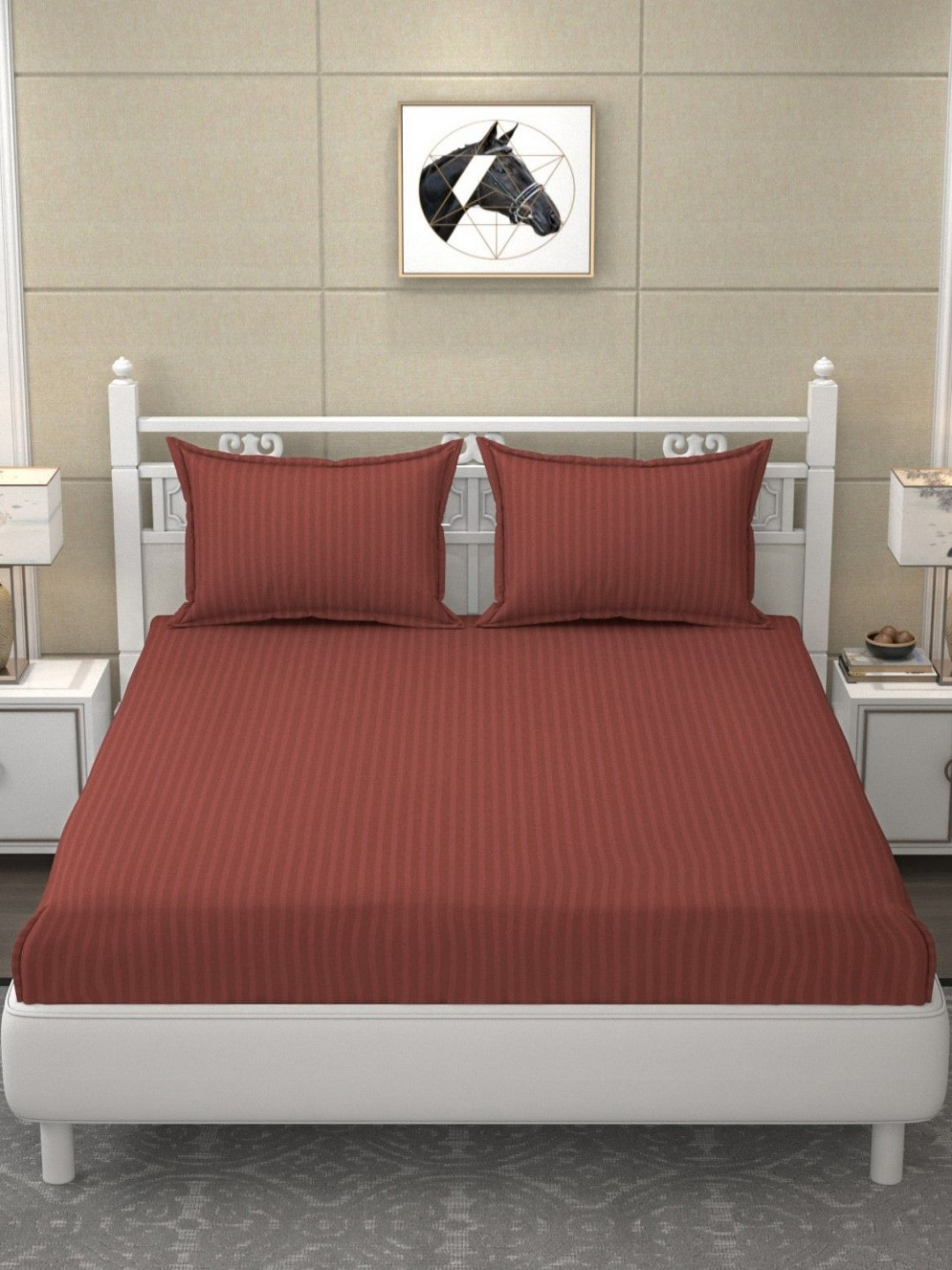 RIDHAAN Rust Striped Satin 210 TC King Fine Bedsheet with 2 Pillow Covers-274 x 274 cm