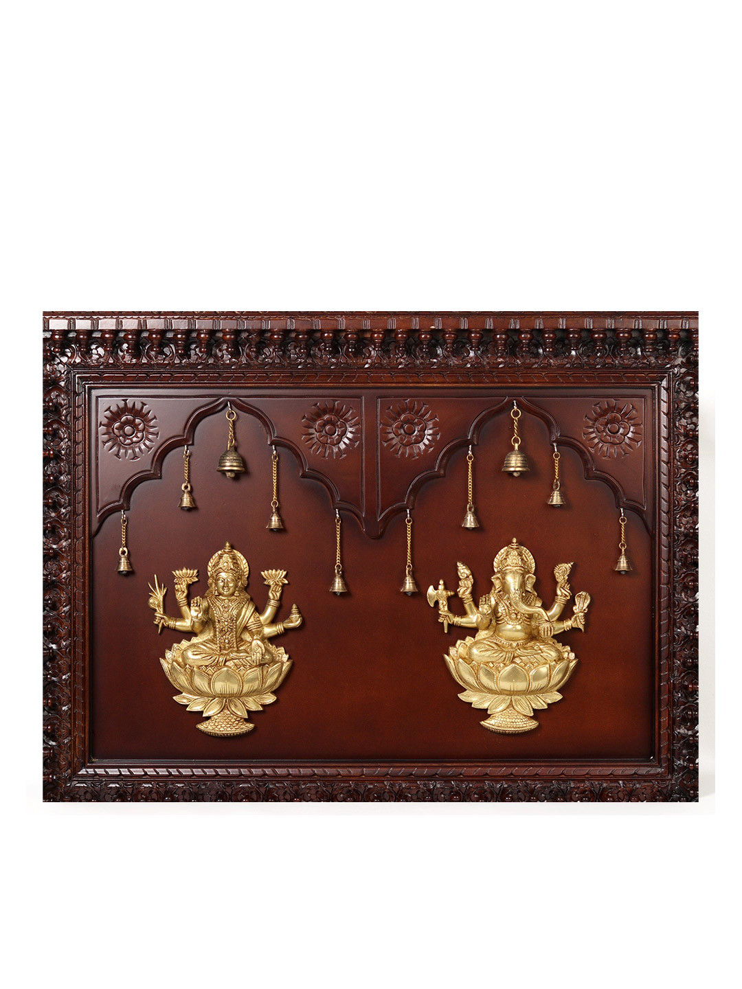 Exotic India Ganesha and Lakshmi Brass Ethnic Motifs Glossy Spiritual Wall Decor-36In