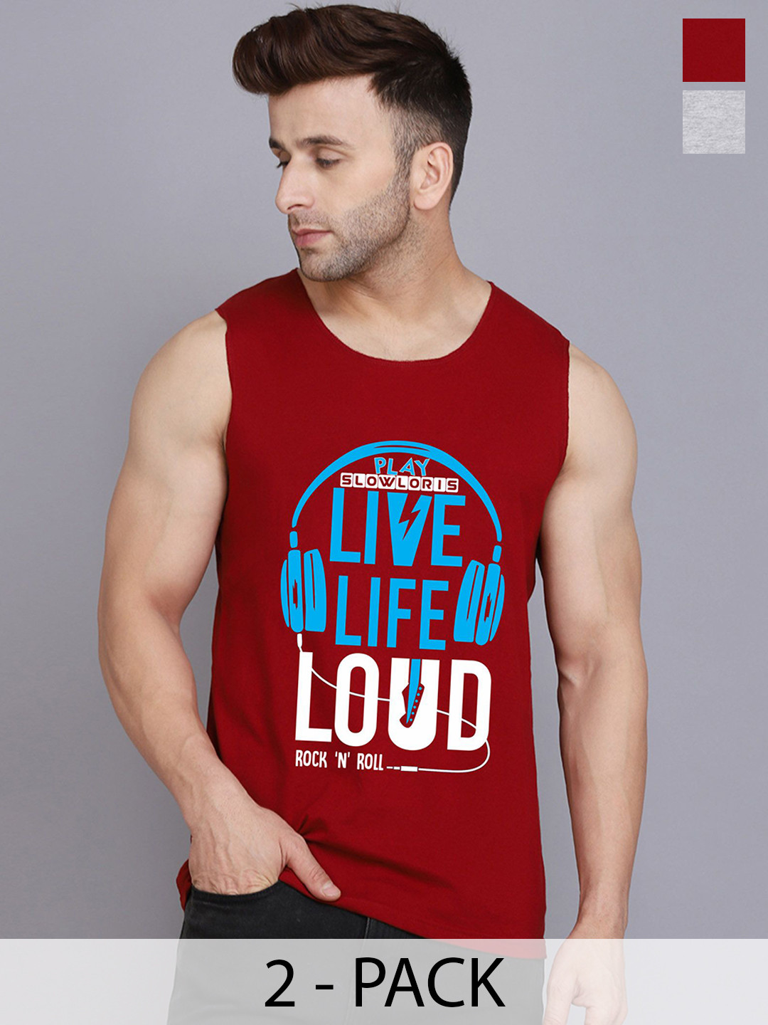 SLOWLORIS Pack Of 2 Printed Gym Innerwear Vests SL26 COMBO (LOUD MAROON) (ADV BLKGRY)