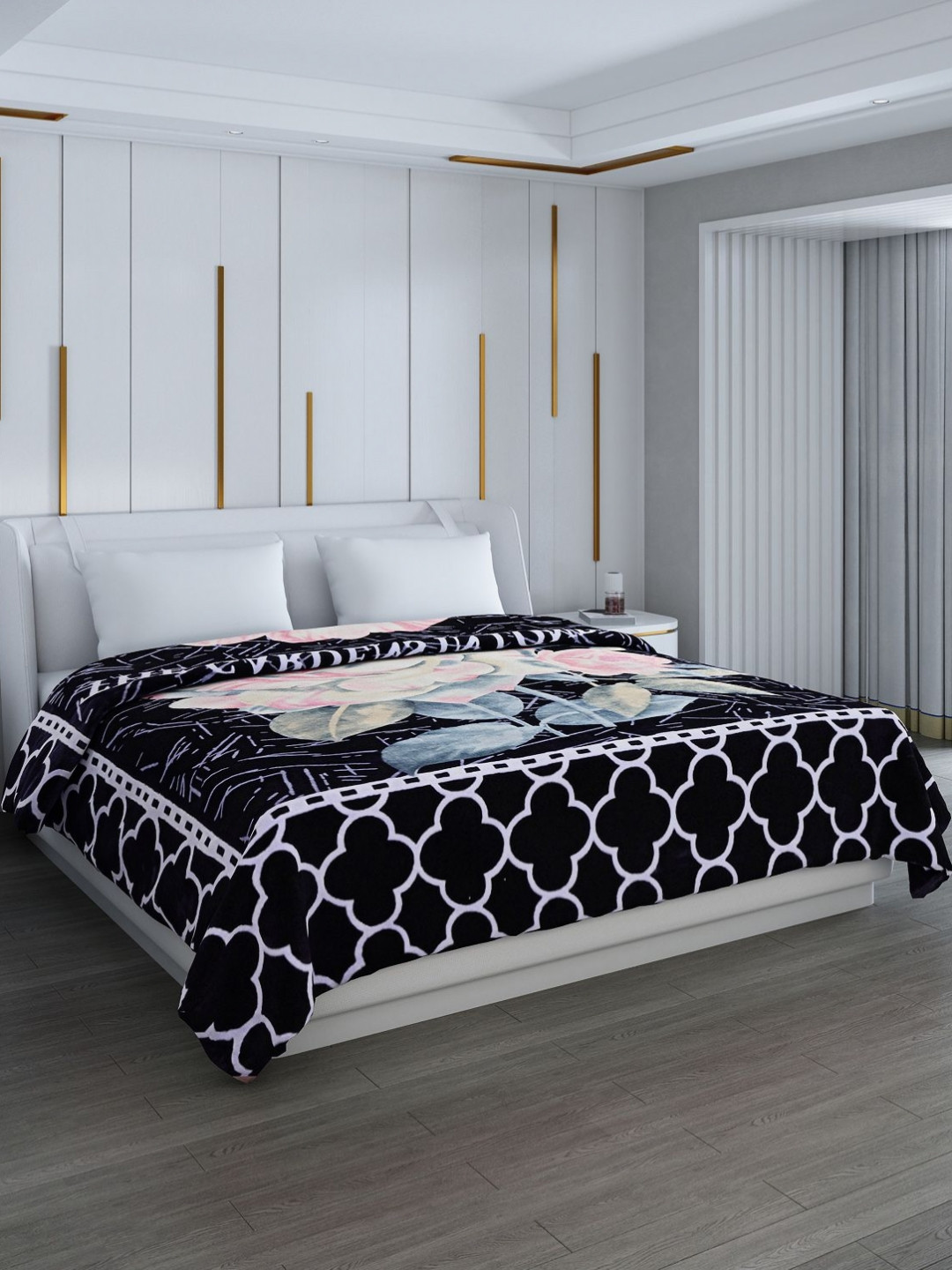 Monte Carlo Black & Pink Floral GSM 1000 Heavy Winter Double Bed Blanket