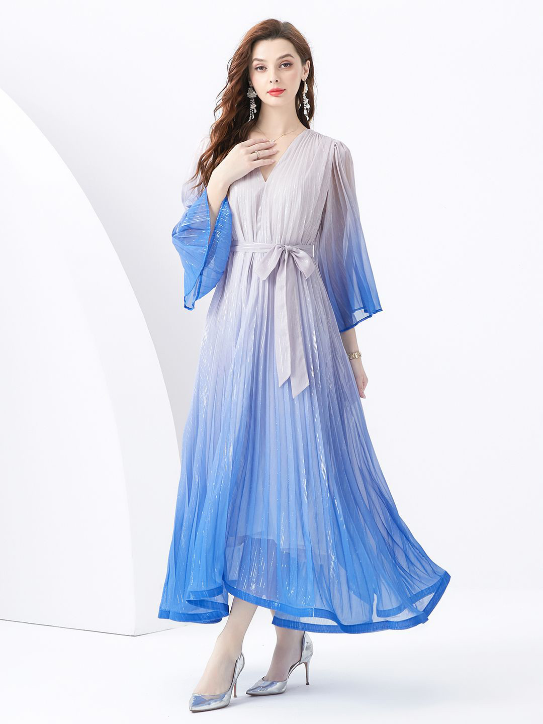 JC Collection V-Neck Ombre Effect Flared Sleeve Maxi Dress