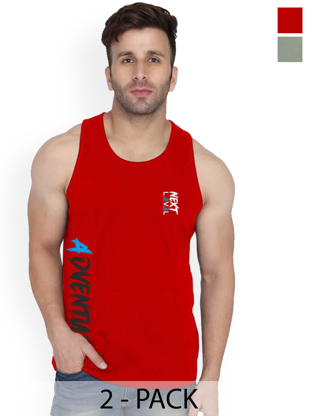 SLOWLORIS Pack of 2 Printed Innerwear Vests SL26 COMBO (LOUD LGTGREEN) (ADV RED)