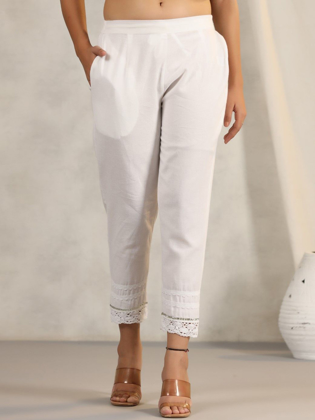 Juniper Women Smart Slim Fit Mid-Rise Flat-Front Trousers With Lace Work