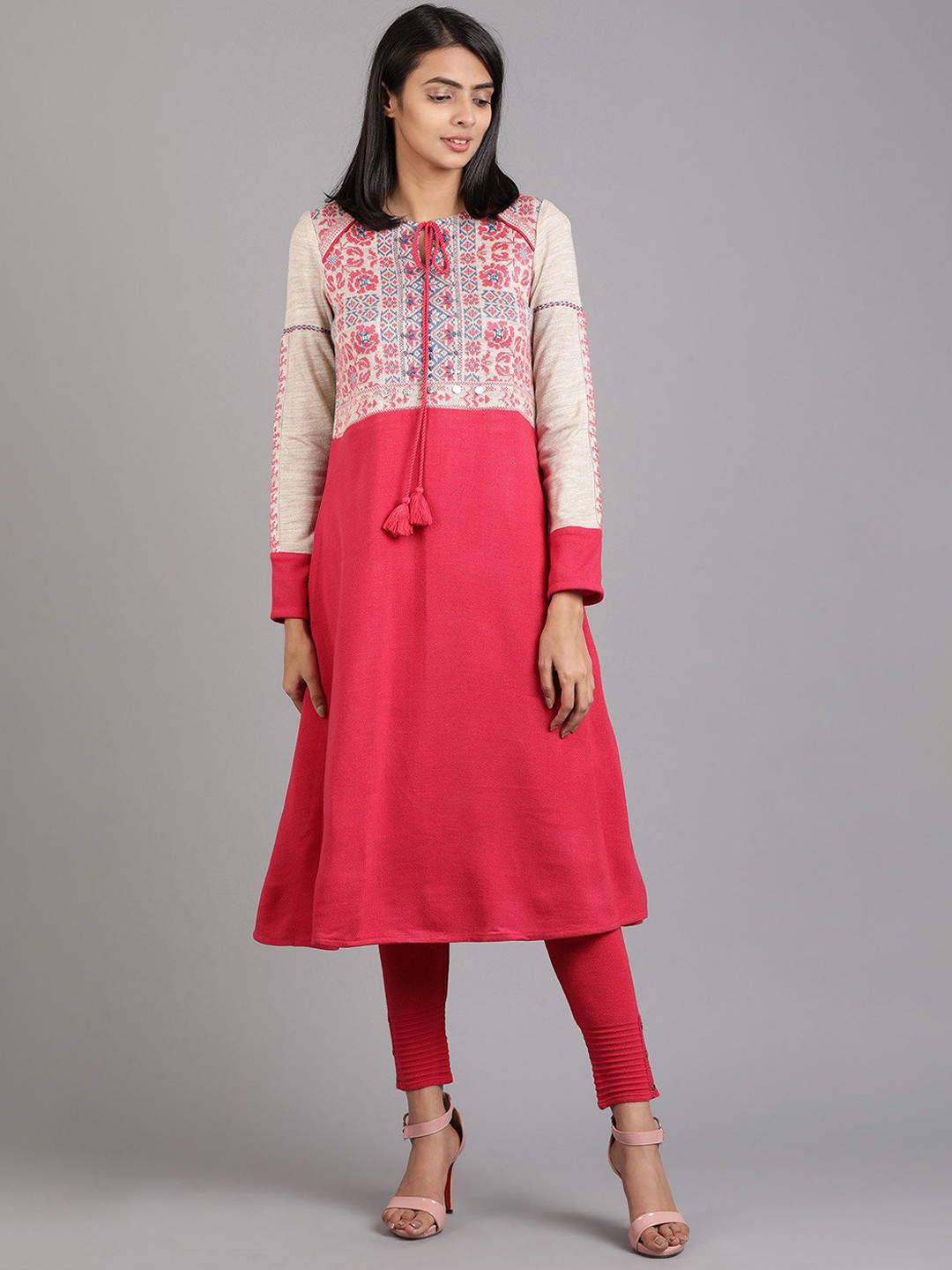 W Pink Floral Yoke Design Thread Work Tie-Up Neck Cotton A-Line Kurta