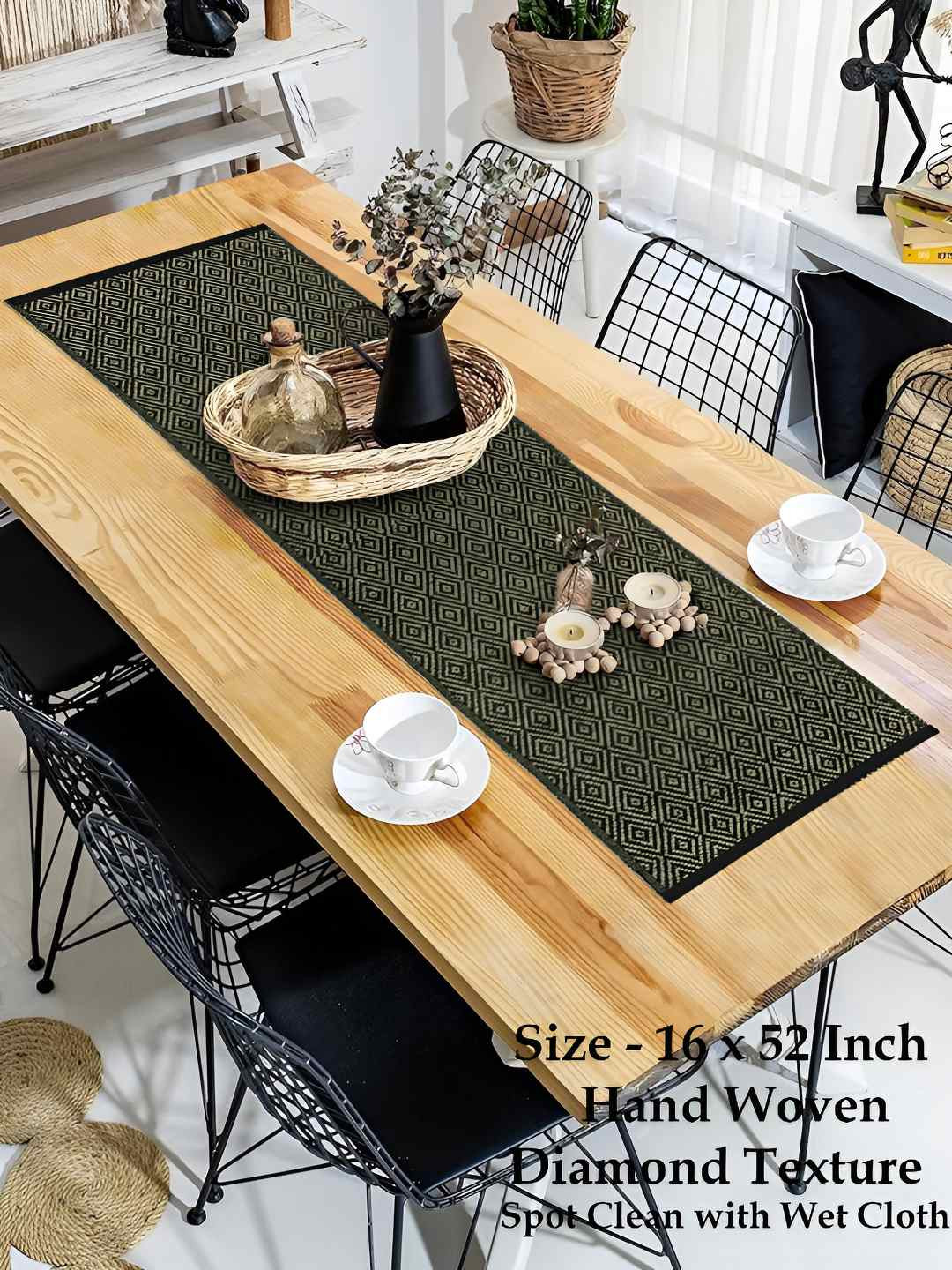 HOME COLORS.IN Black & Beige Diamond Pattern Cotton Jute 4-6 Seater Table Runner