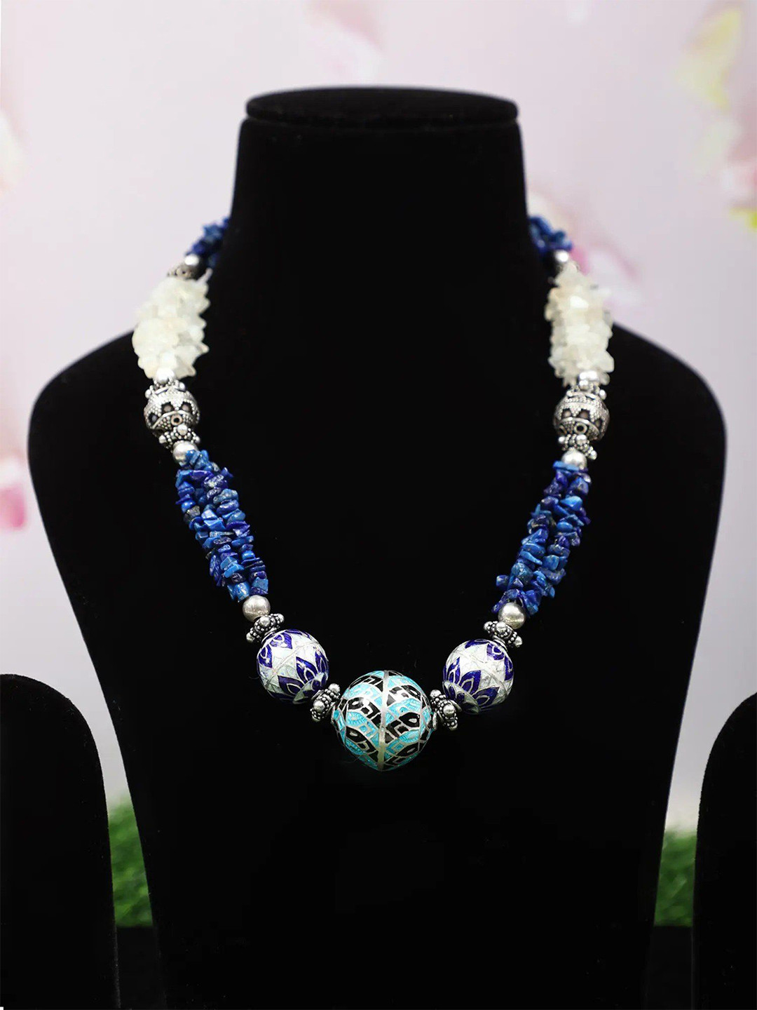 Exotic India Lapis Lazuli Chips And Moonstone Sterling Silver Necklace