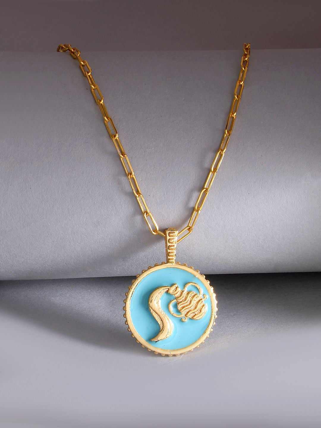 Voylla Gold-Plated Zodiac Aquarius And Evil Eye Reversible Pendant with Chain