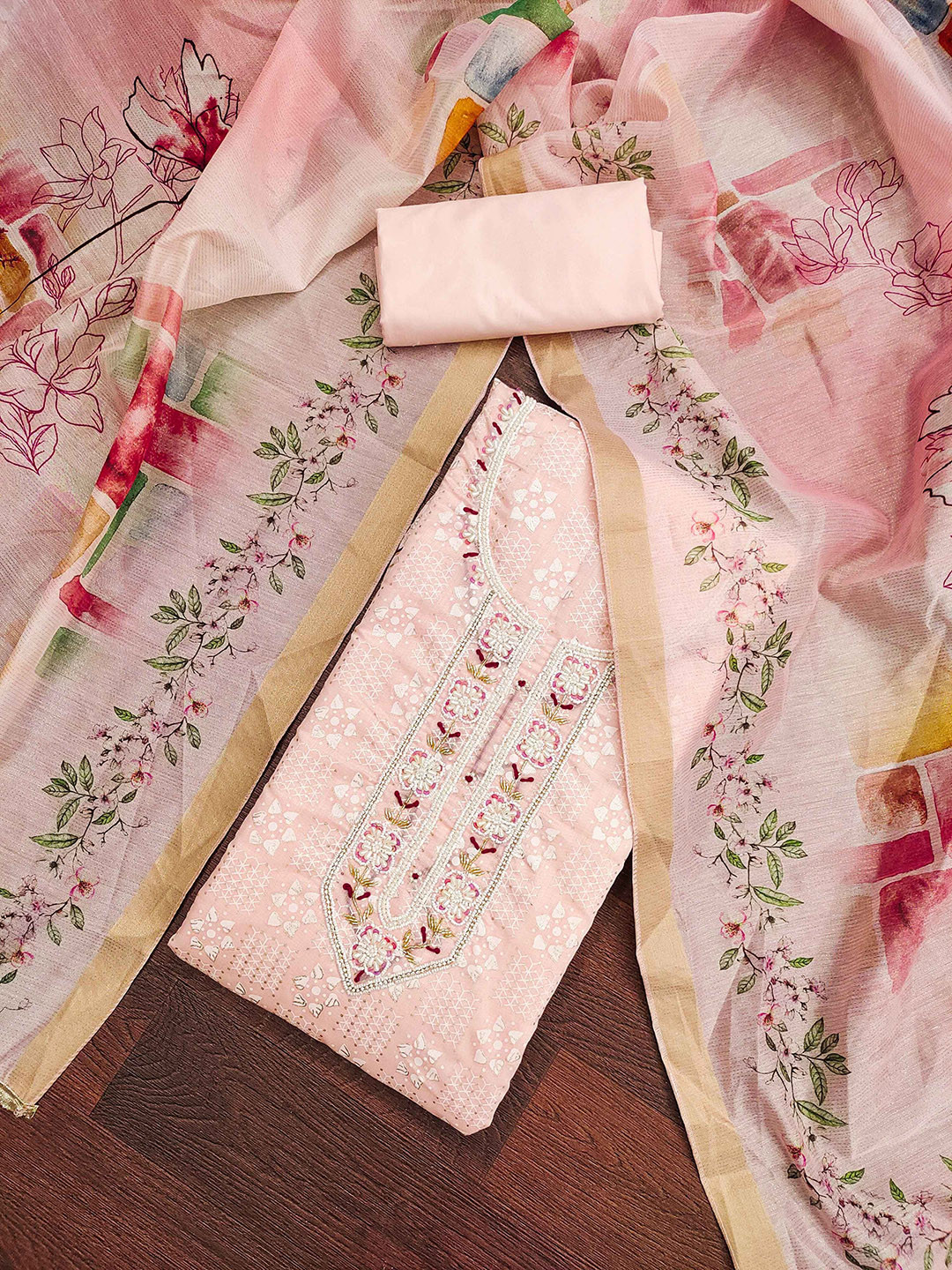 KALINI Floral Printed Beads & Stone Unstitched Dress Material