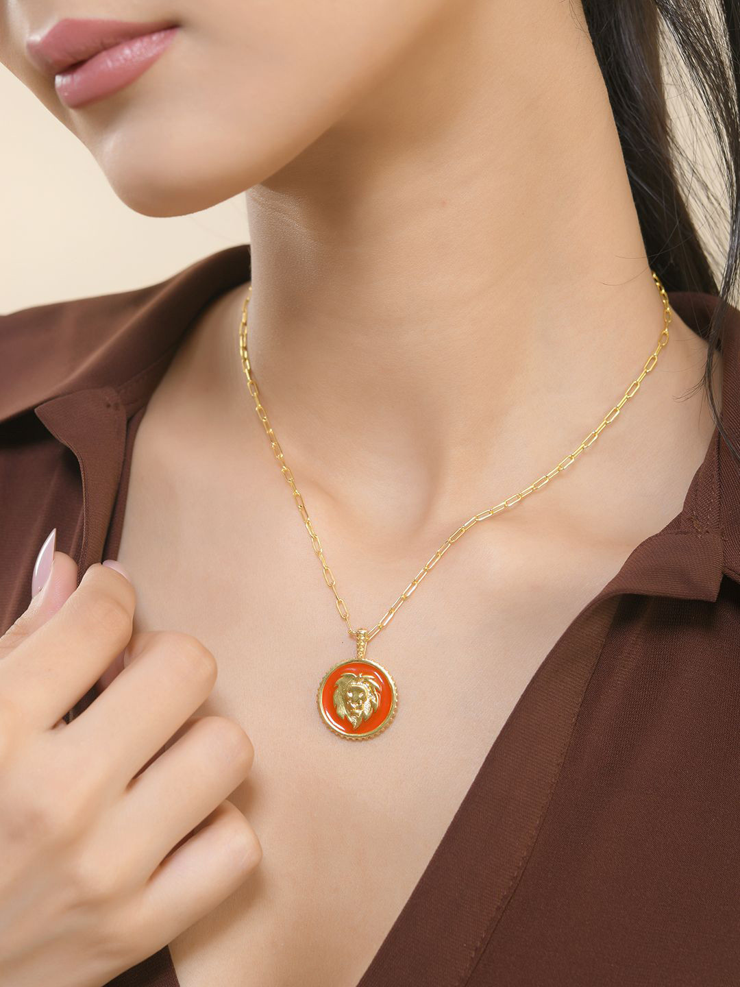 Voylla Gold-Plated Zodiac Leo And Evil Eye Reversible Pendant with Chain