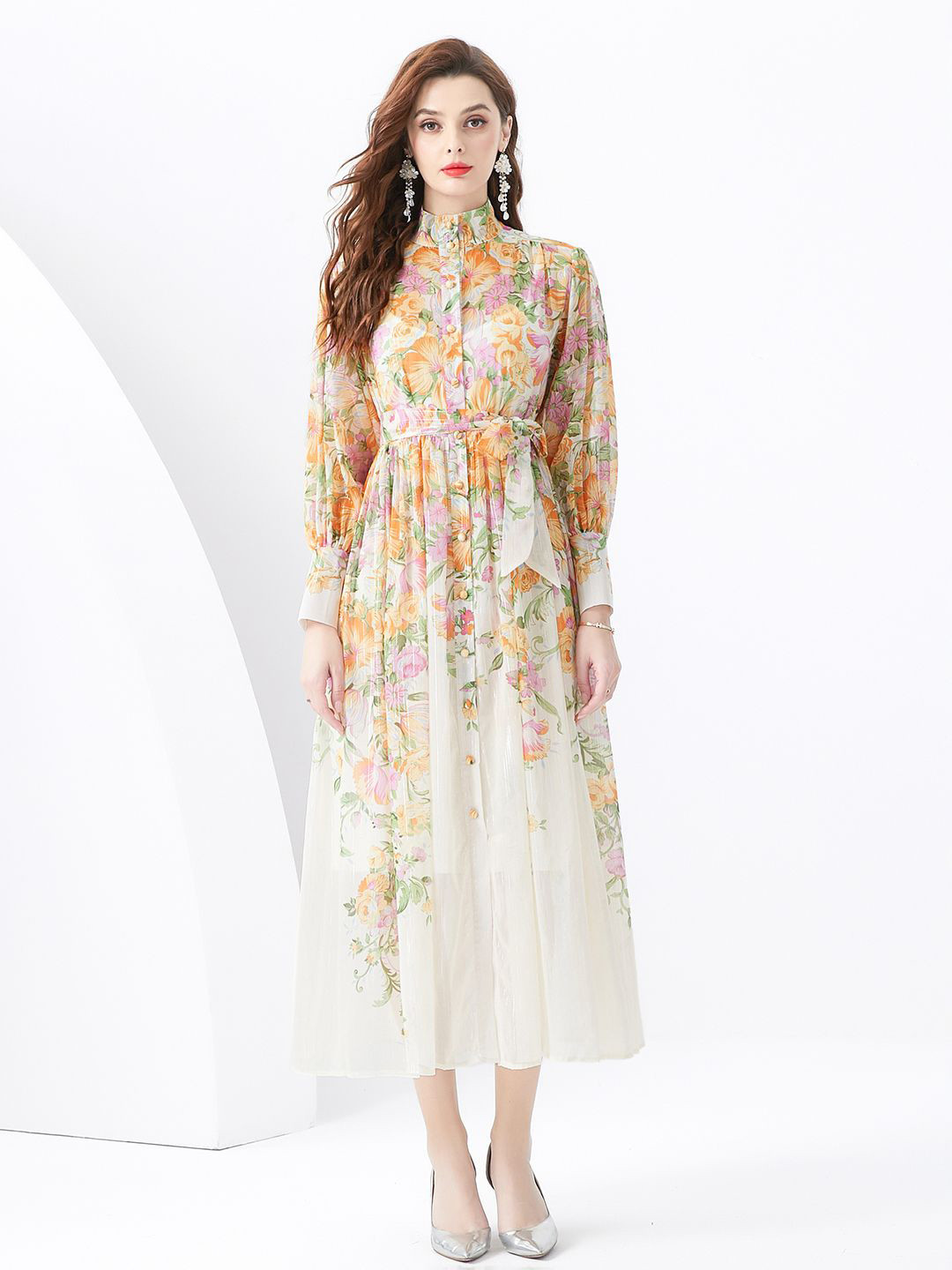 JC Collection Mandarine Collar Fit & Flare Floral Midi Dress