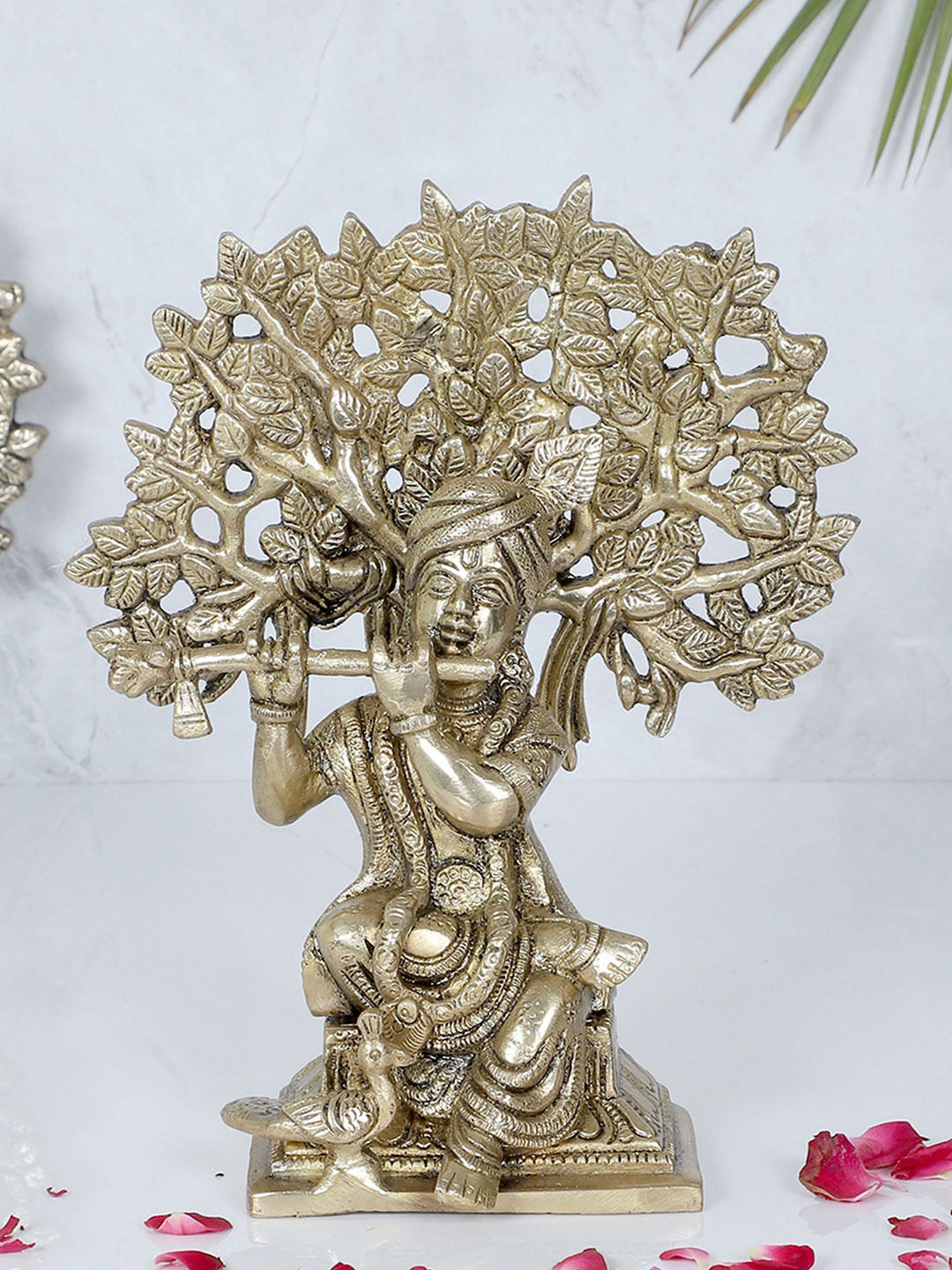 Two Moustaches Murli Krishna Sitting Under The Tree Gold Brass Metallic Prayer Room Medium Showpiece - 7.9 Inches