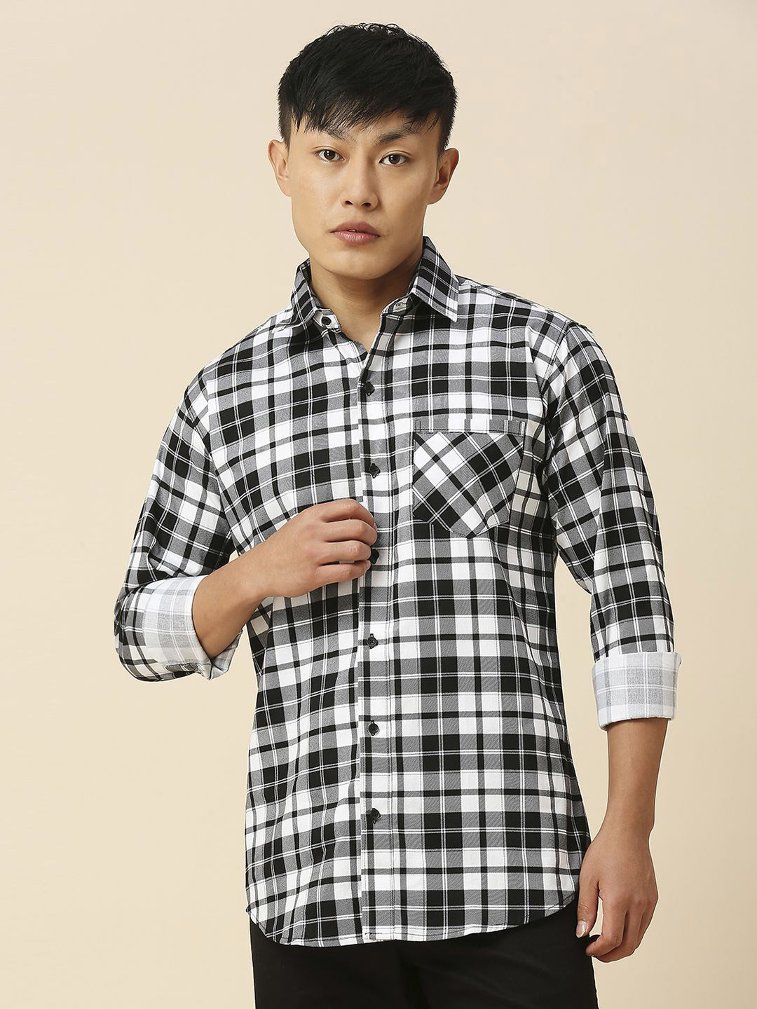 TRYBUY.IN Men Spread Collar Tartan Checks Checked Cotton Casual Shirt