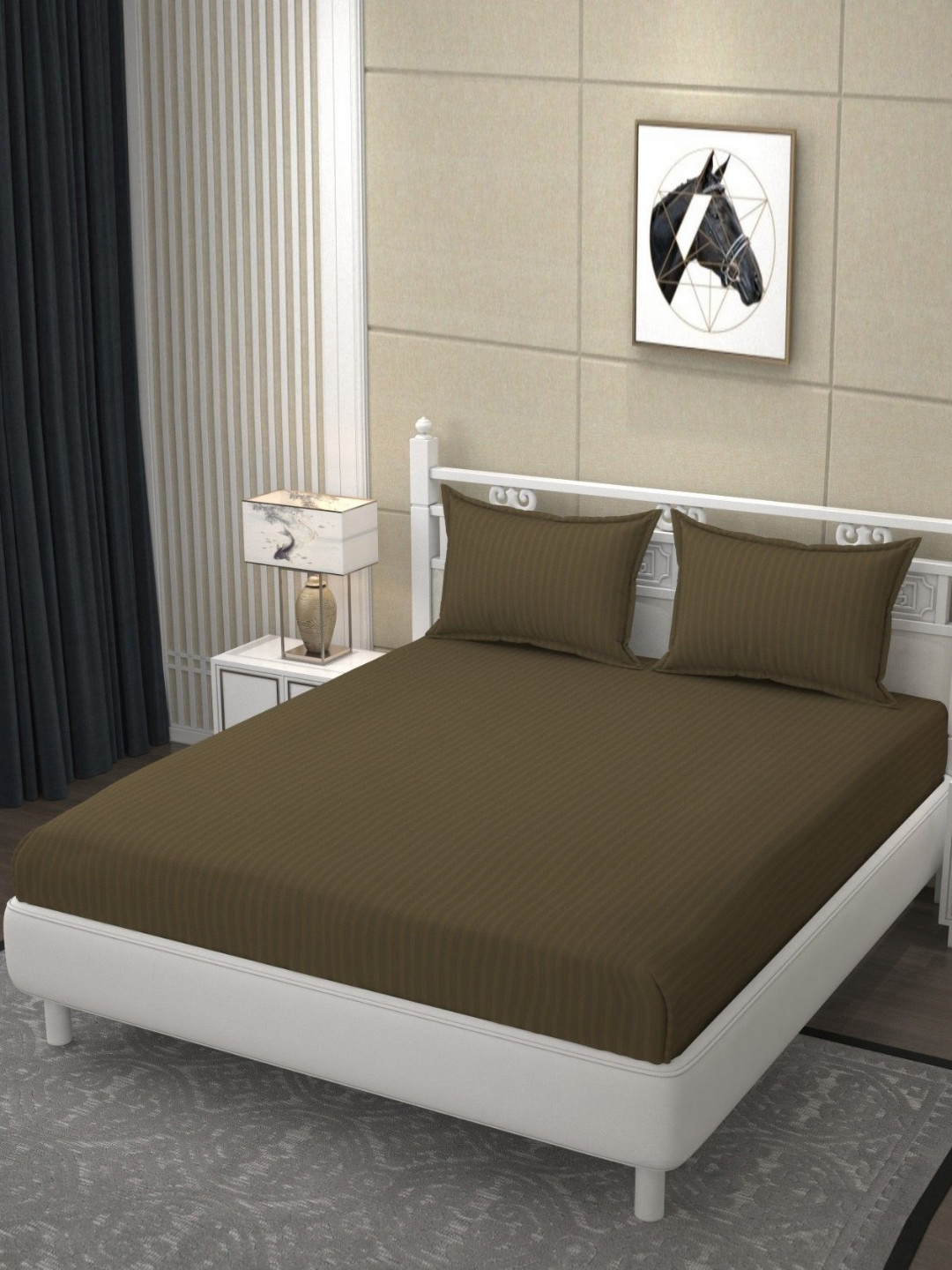 RIDHAAN Green Striped Poly Satin 210 TC King Fine Bedsheet with 2 Pillow Covers-59 x 87 inches