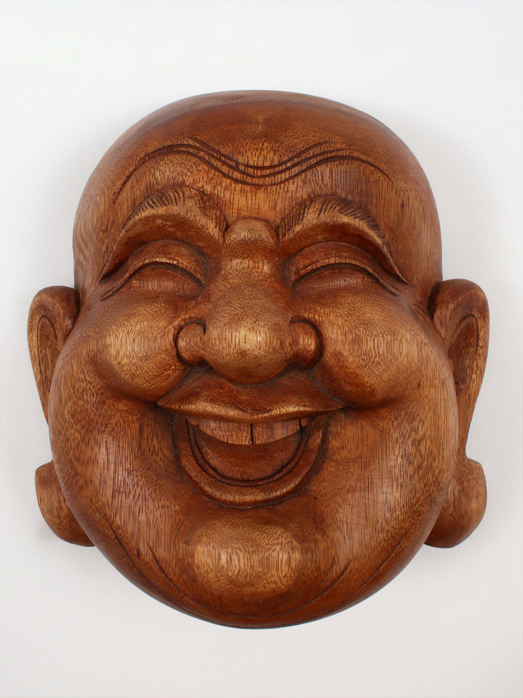 Exotic India Laughing Buddha Head Wood Glossy Hanging Hall Wall Masks-13In