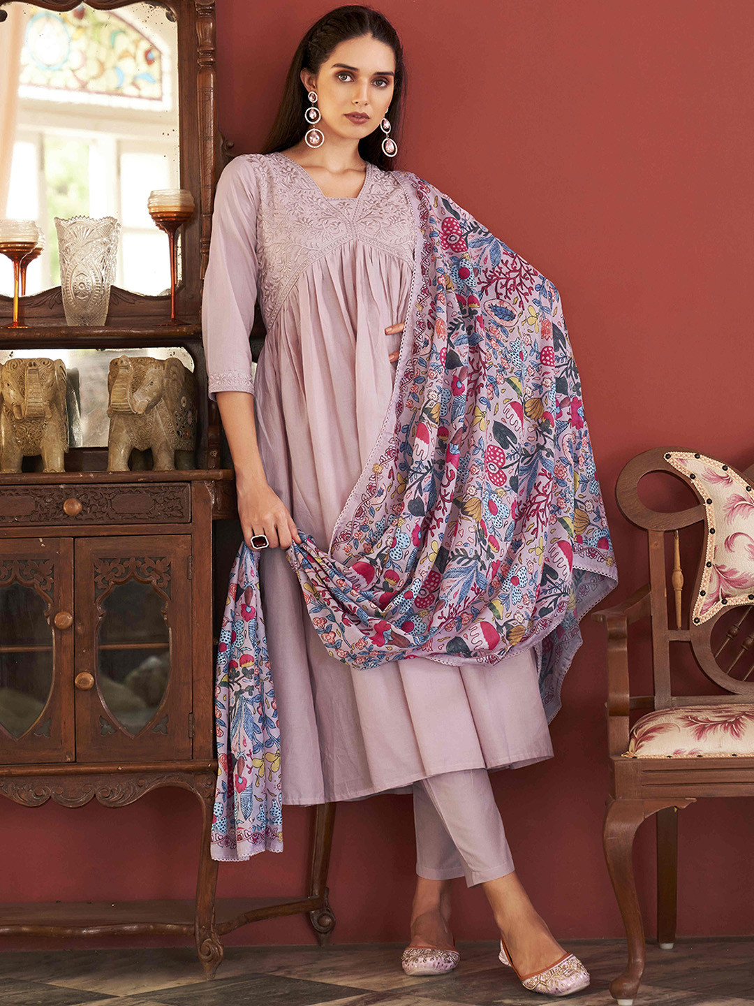 Tikhi Imli Floral Embroidered Pure Cotton Empire A-Line Kurta With Trousers & Dupatta