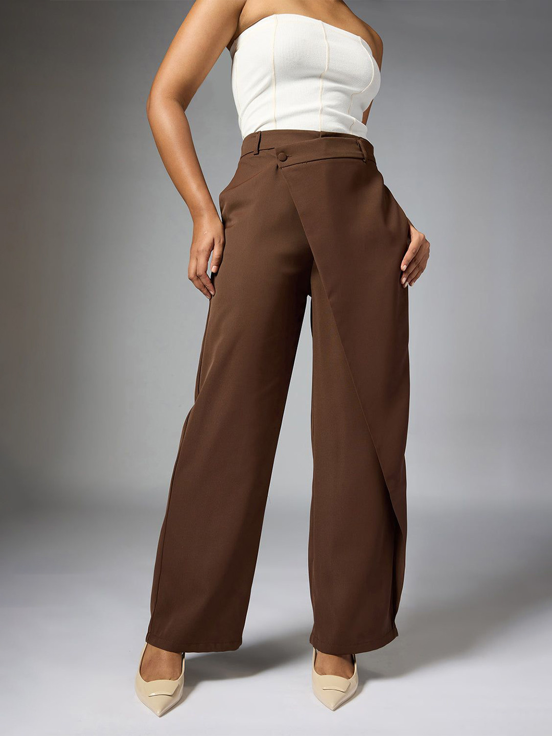FREAKINS Cedar Brown Wrap Front Korean Pants