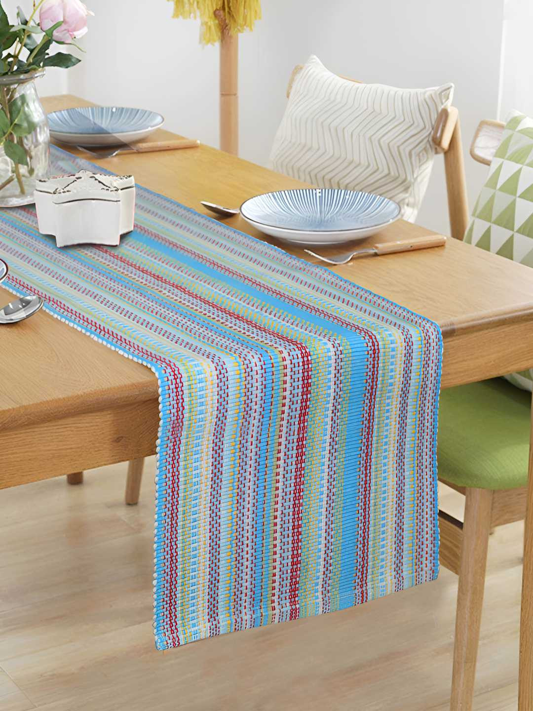 HOME COLORS.IN Blue & White Striped Rectangular Pure Cotton Table Runner