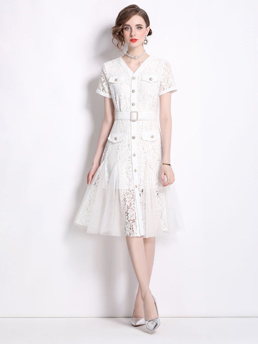 JC Collection V-Neck Self Design A line Shirt Dress