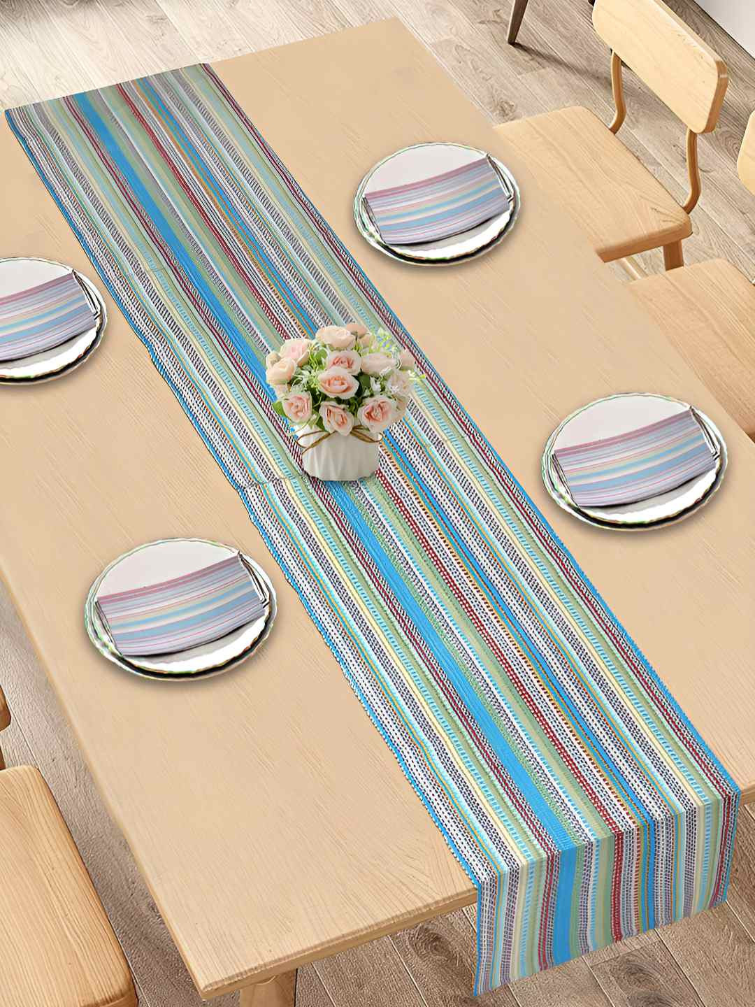 HOME COLORS.IN Red & Blue Striped Cotton 6-Seater Table Runner