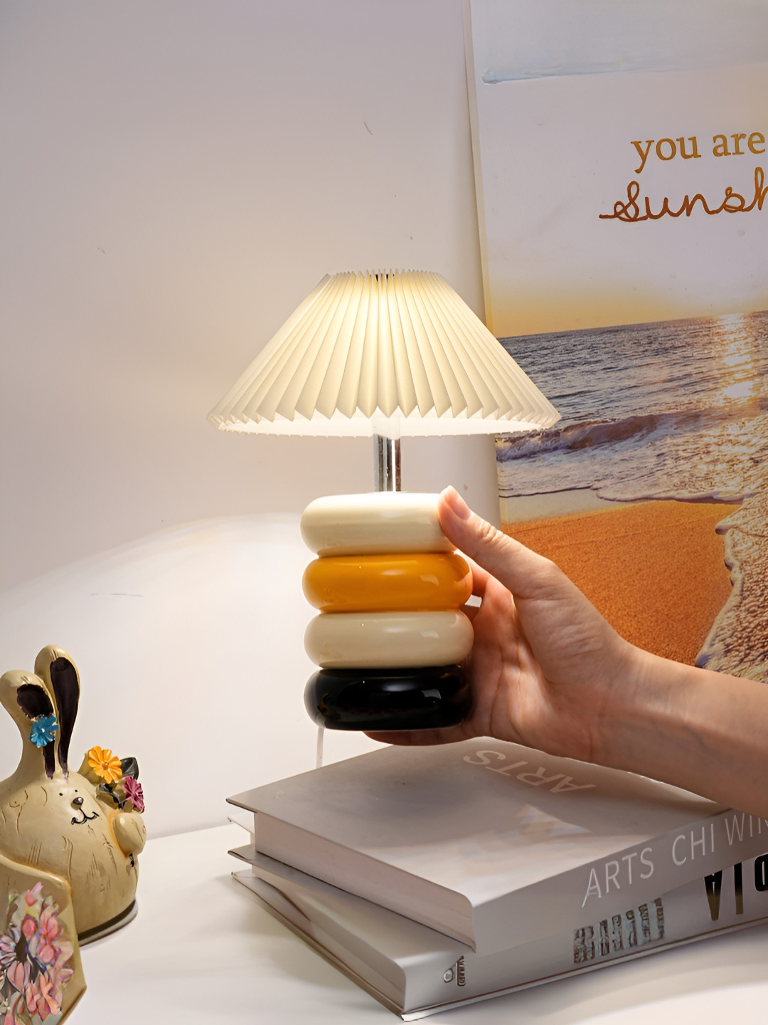 UMAI White & Yellow Textured Ceramic Triangle Table Lamp