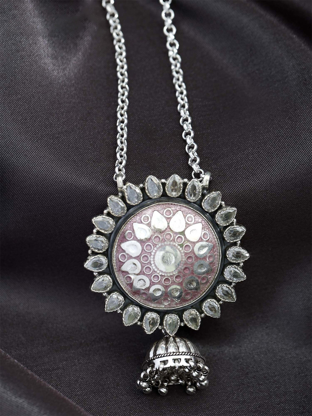 Exotic India Sterling Silver Jhumki Style Necklace
