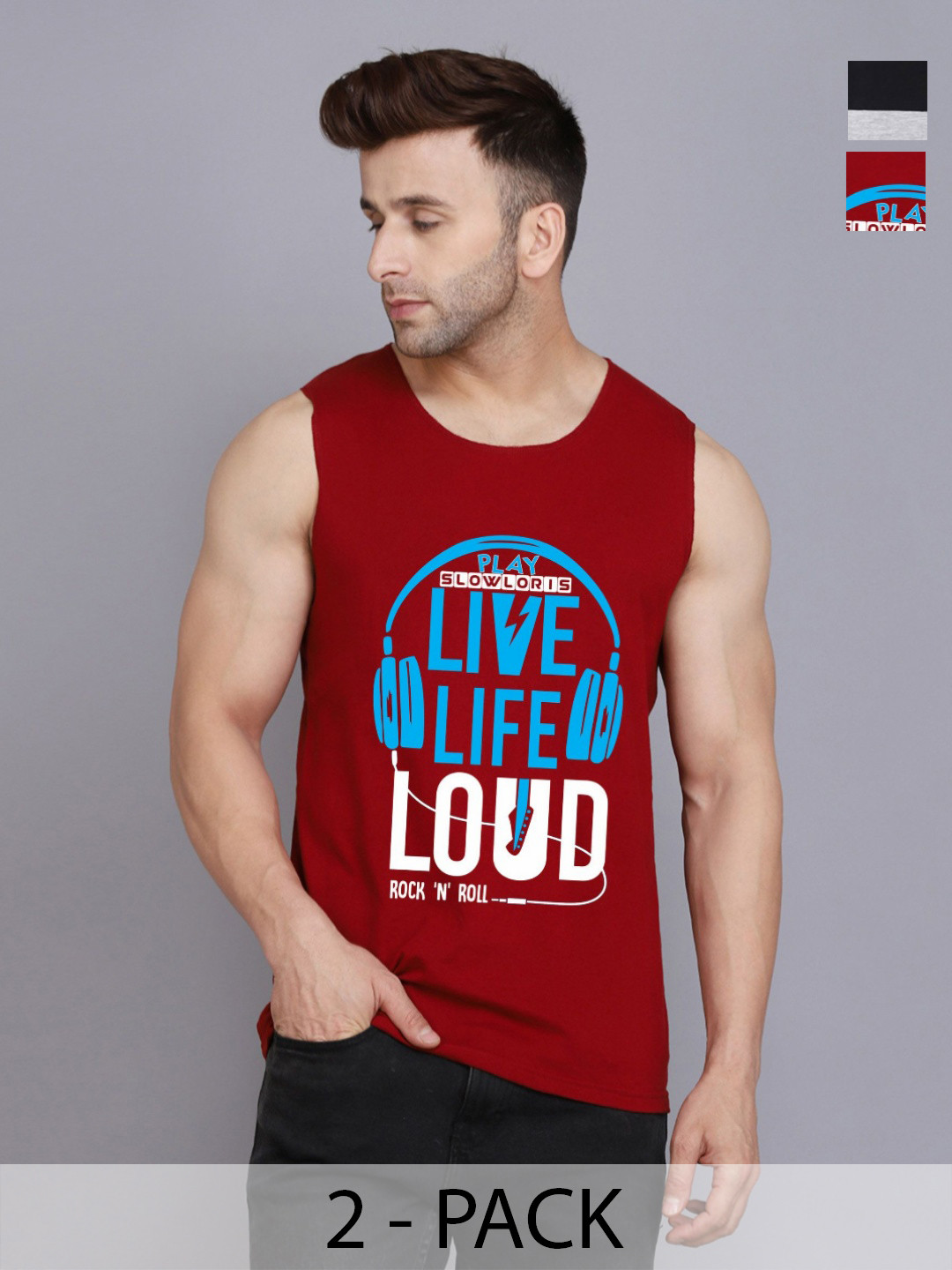 SLOWLORIS Men Pack Of 2 Typography Printed Round Neck Cotton Slim Fit T-shirts