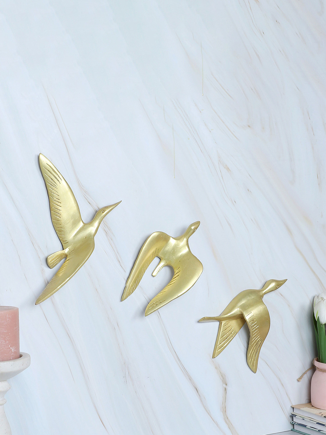 Two Moustaches Flying Birds Wall Hanging Gold Brass Metallic Living Room Set of 3 Small Showpieces - 5.9 Inches