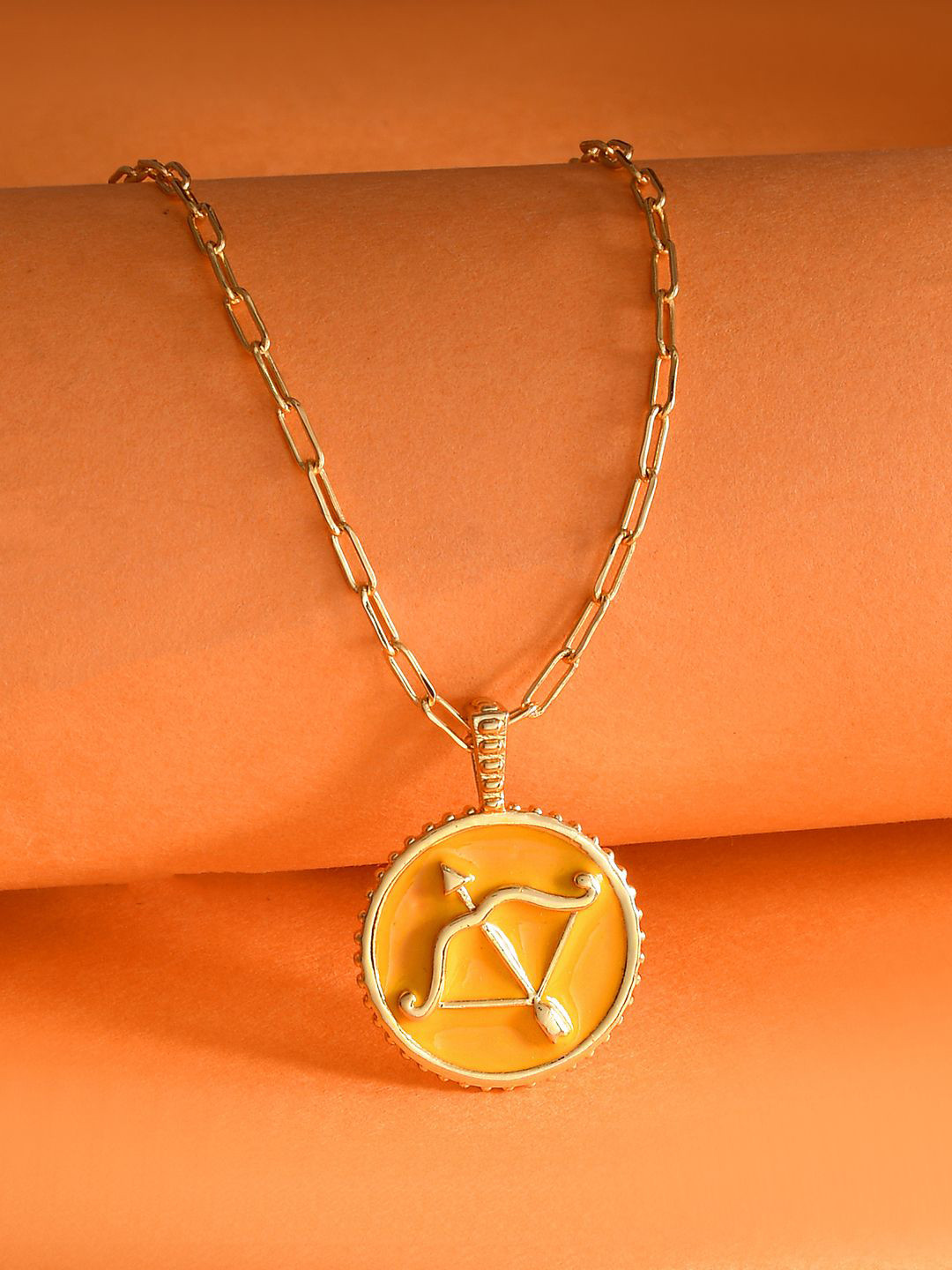 Voylla Gold-Plated Sagittariusand Evil Eye Reversible Pendant with Chain