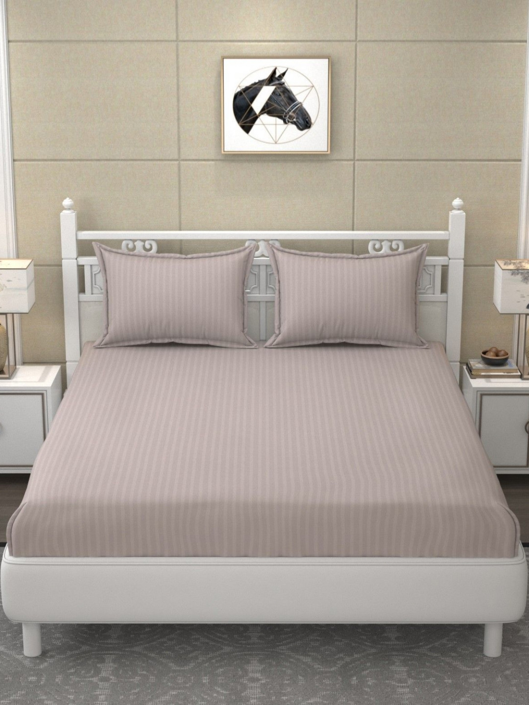 RIDHAAN Apricot Pastel Taupe Striped Poly Satin 210 TC King Fine Bedsheet with 2 Pillow Covers-108 x 108 inches