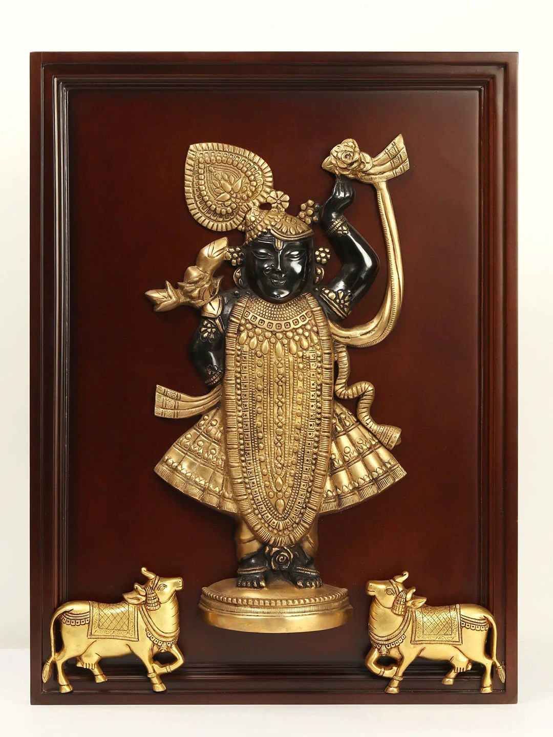 Exotic India Shrinath Ji Brass Glossy Hanging Pooja Room Spiritual Wall Decor-24In