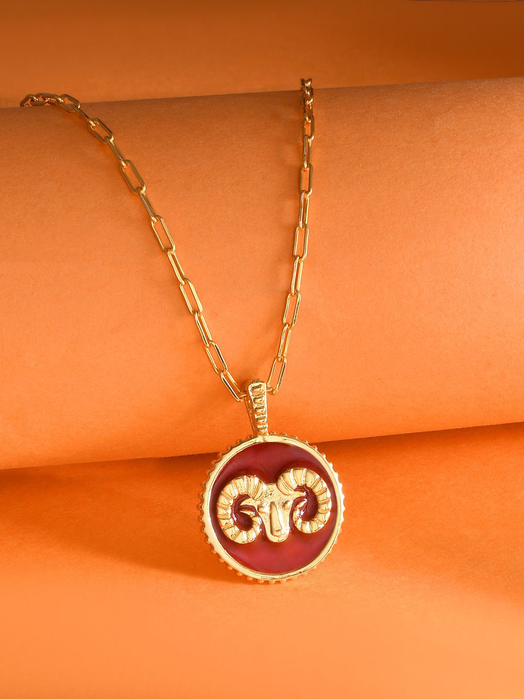 Voylla Gold-Plated Zodiac Aries And Evil Eye Reversible Pendant with Chain