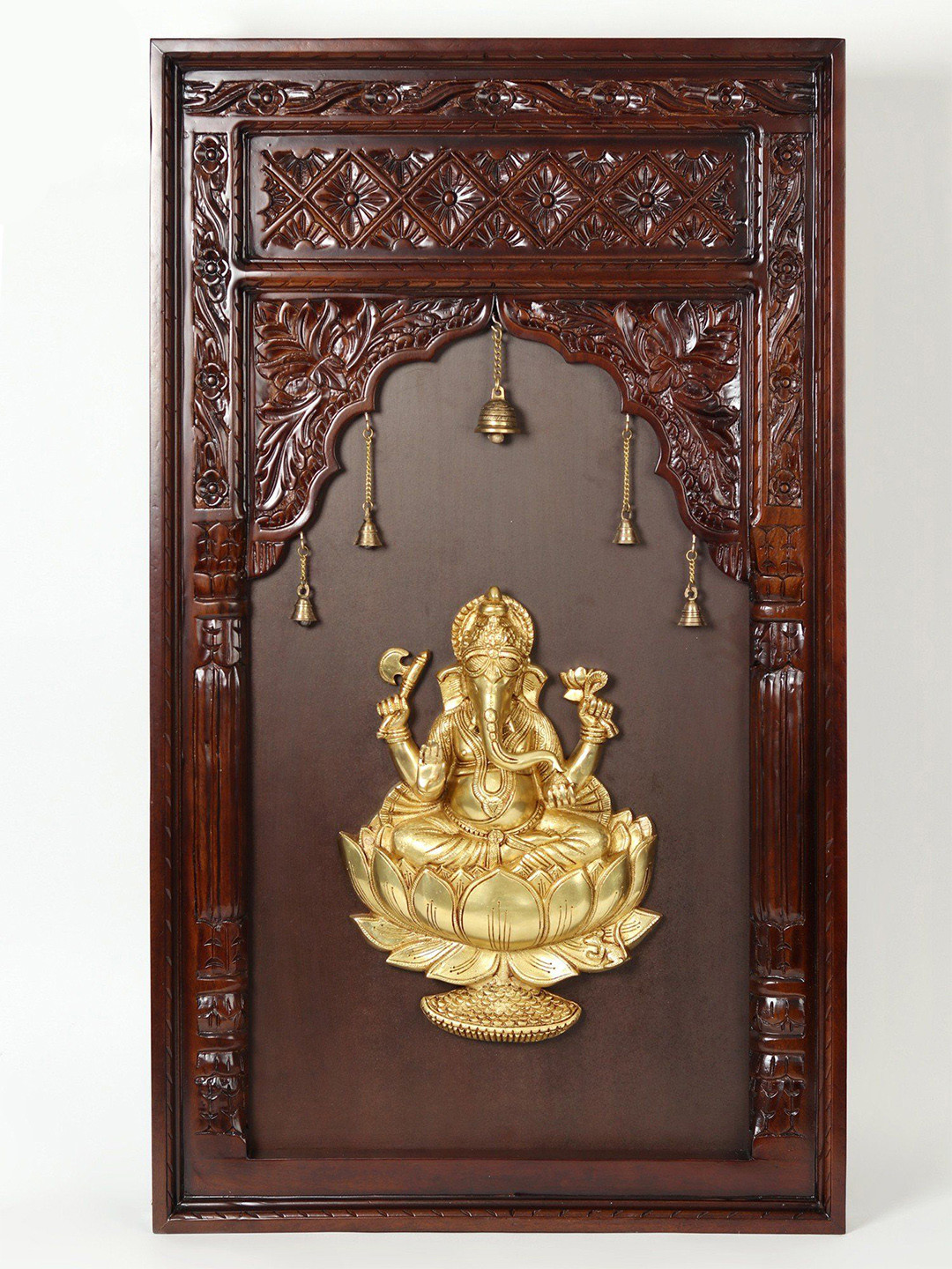 Exotic India Lord Ganesha Seated On Lotus Brass Floral Antique Spiritual Wall Decor-46.9In