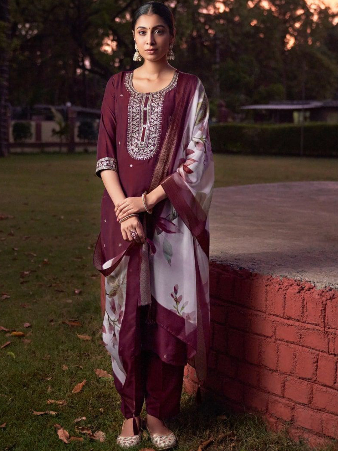 Colors  of Earth Floral Embroidered Regular A-Line Kurta With Pyjamas & Dupatta
