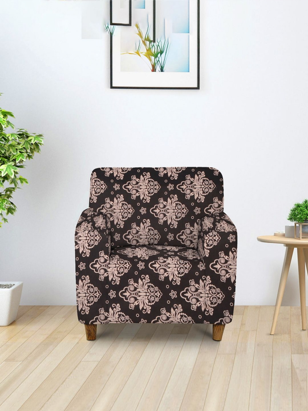 HOSTA HOMES Brown & Beige Printed Stretchable Sofa Cover With Arms