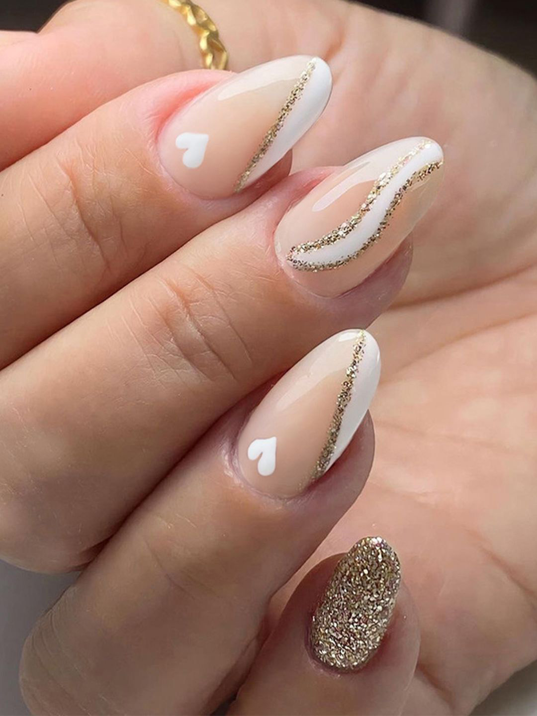 Secret Lives 24-Pcs Heart & Golden Glitter Strips Nail Art - Translucent Nude