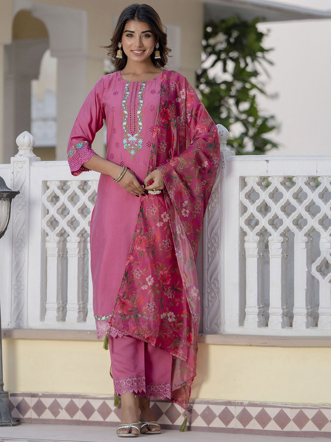 VredeVogel Flora Embroidered Thread Work Straight Kurta With Trousers & Dupatta