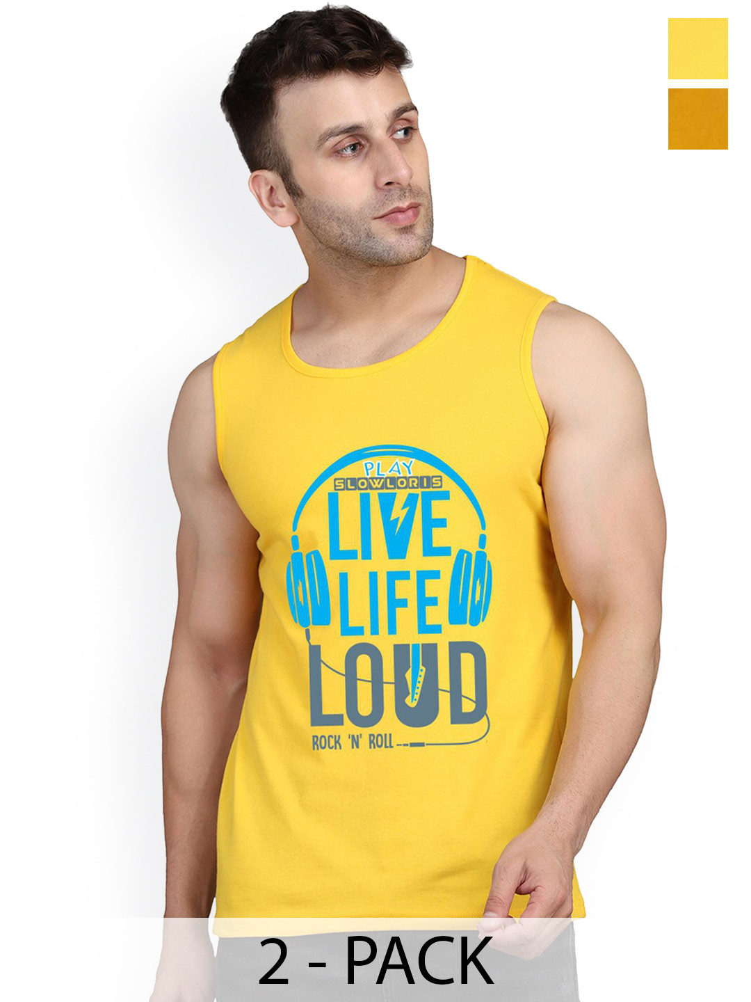 SLOWLORIS Pack Of 2 Printed Sleeveless Gym Vests SL26 COMBO (LOUD YELLOW) (ADV MUSTARD)