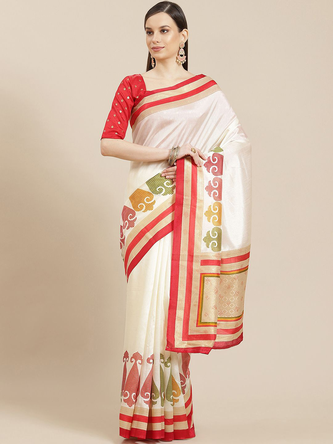 Saree mall Ethnic Motifs Silk Blend Patola Cream Color Sarees